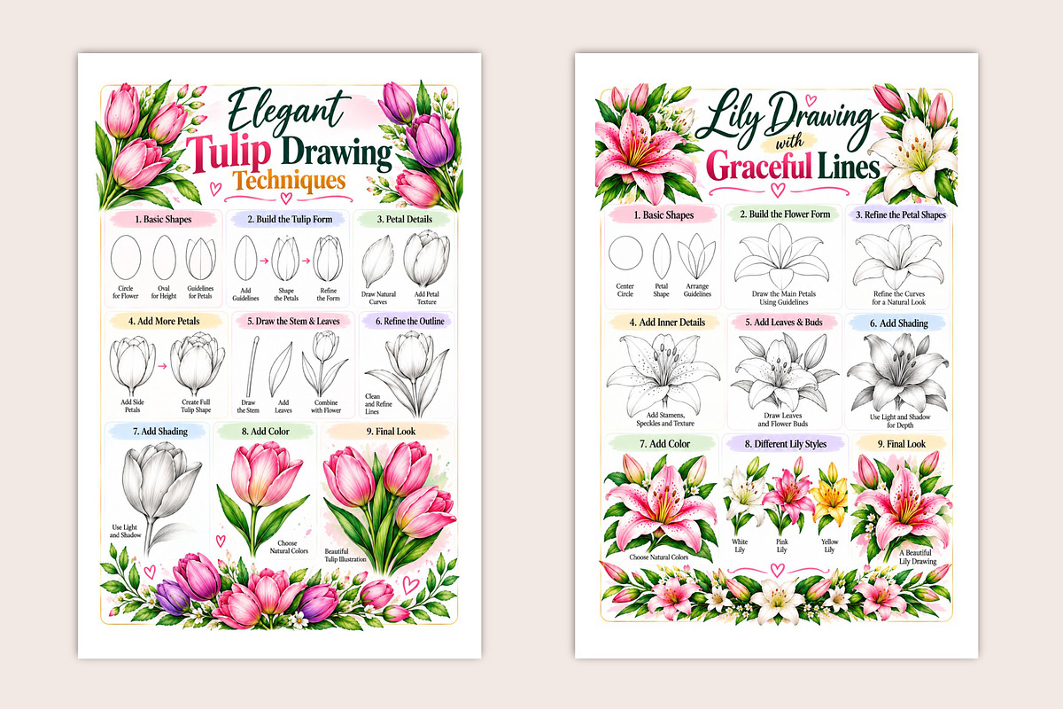 Modern Flower Drawing Guide, a Stationery Template by Designmela01 (Photo 5 of 5)