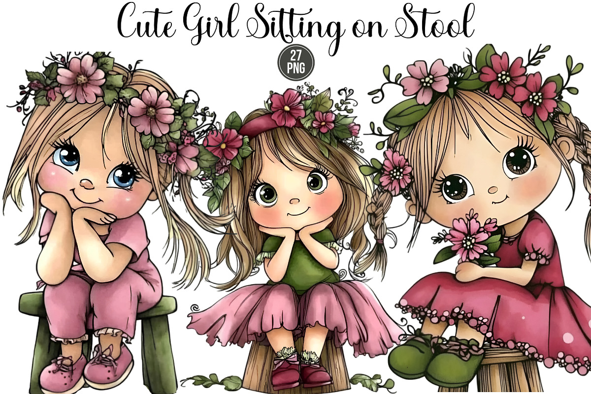 Cute Girl Sitting on Stool Clipart, an Illustration by DreamArtGraphic (Photo 1 of 5)
