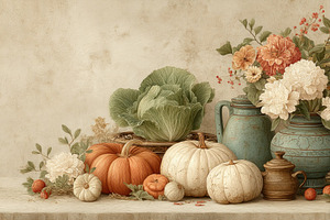 Autumn still life with pumpkins cabbage flowers and vintage cera, a Food & Drink Photo by José Manuel Gelpi
