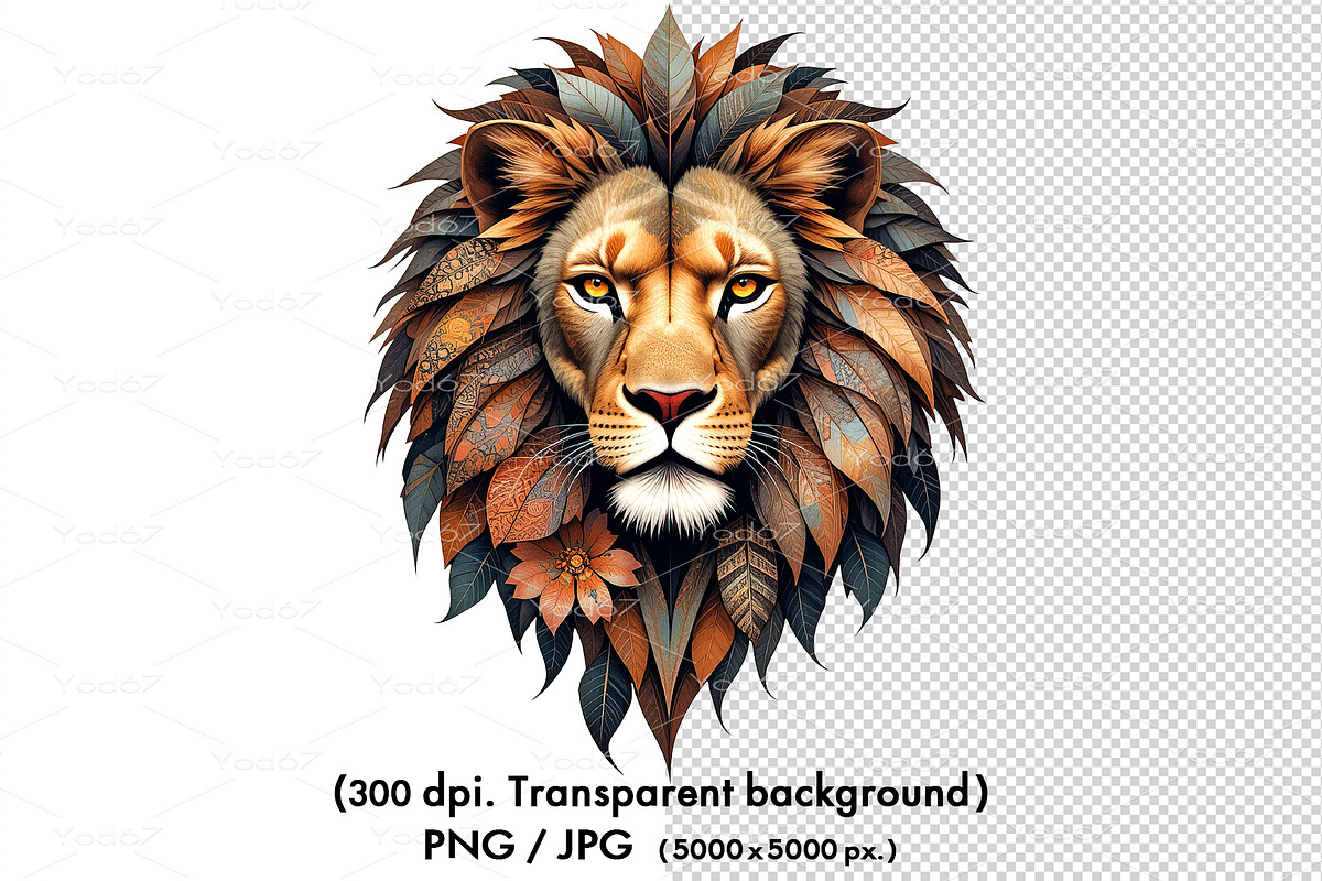 Lion head composed of leaves, an Animal Illustration by yod67