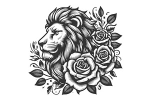 Lion And Roses Vintage Tattoo Style