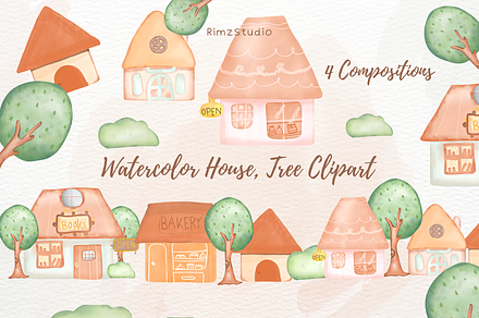 Watercolor Countryside Homes, Trees