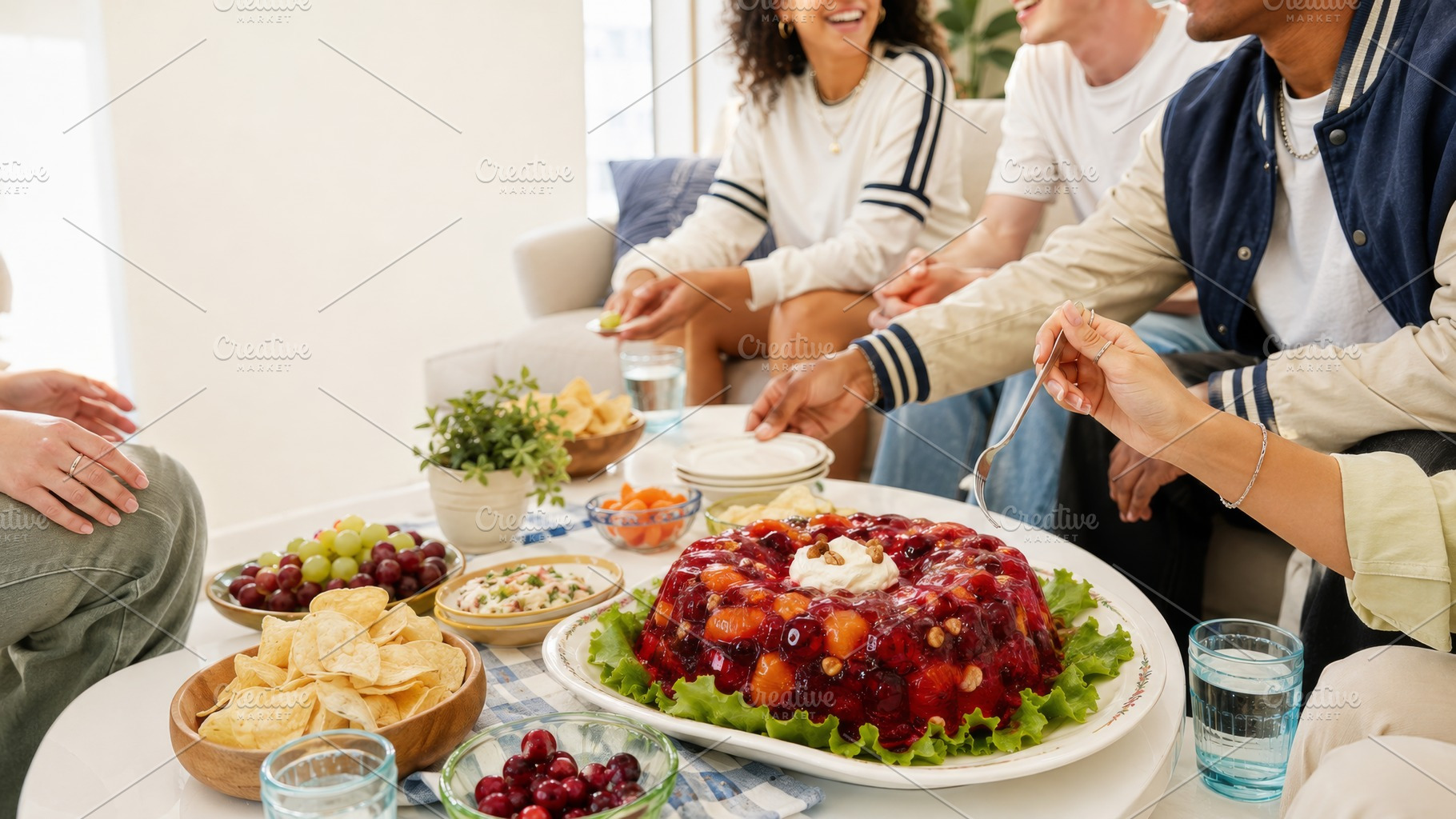 Jello salad centered on table with p, a Photo by Dvoevnore photos