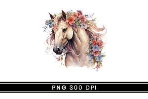 Watercolor Flower Horses Clipart