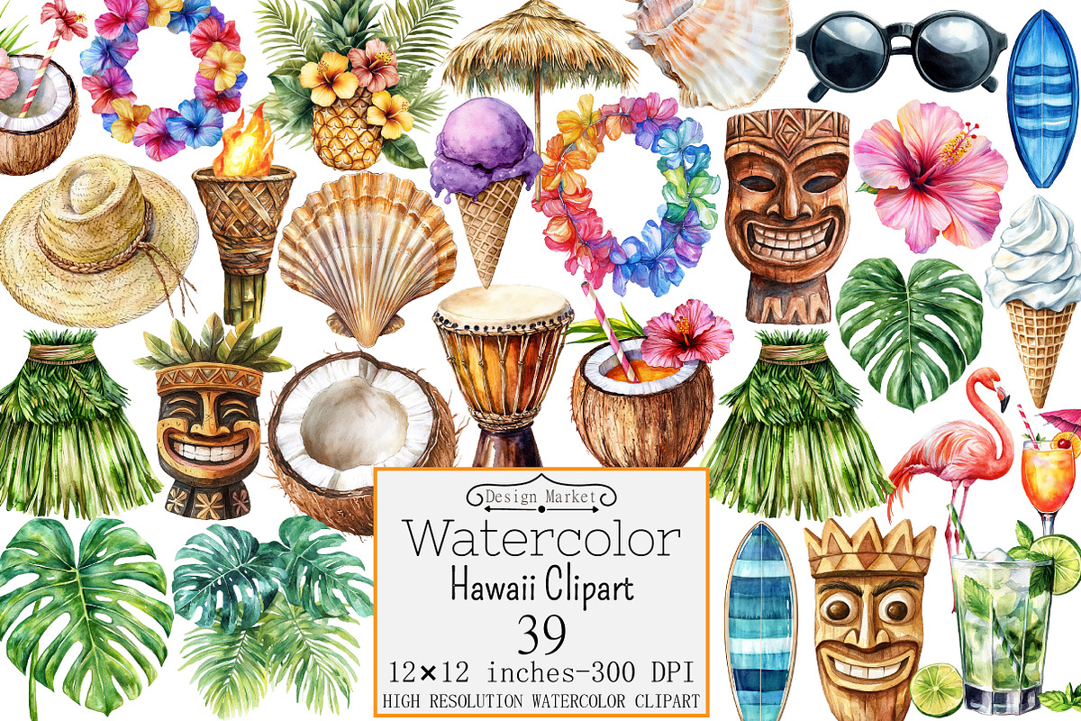 Watercolor Hawaii Clipart, a Seasonal Illustration by Design Market (Photo 1 of 4)
