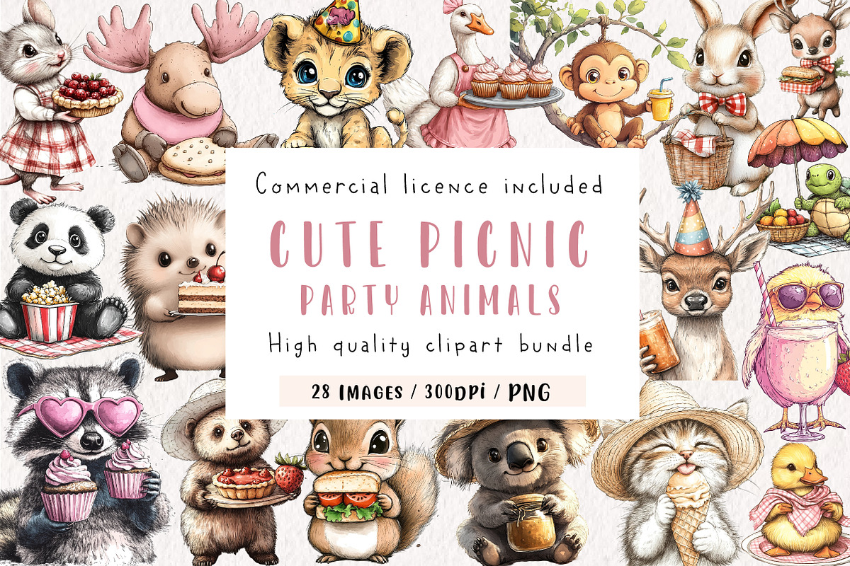 Cute Picnic Party Watercolor Animals, an Illustration by CreationArt (Photo 1 of 9)