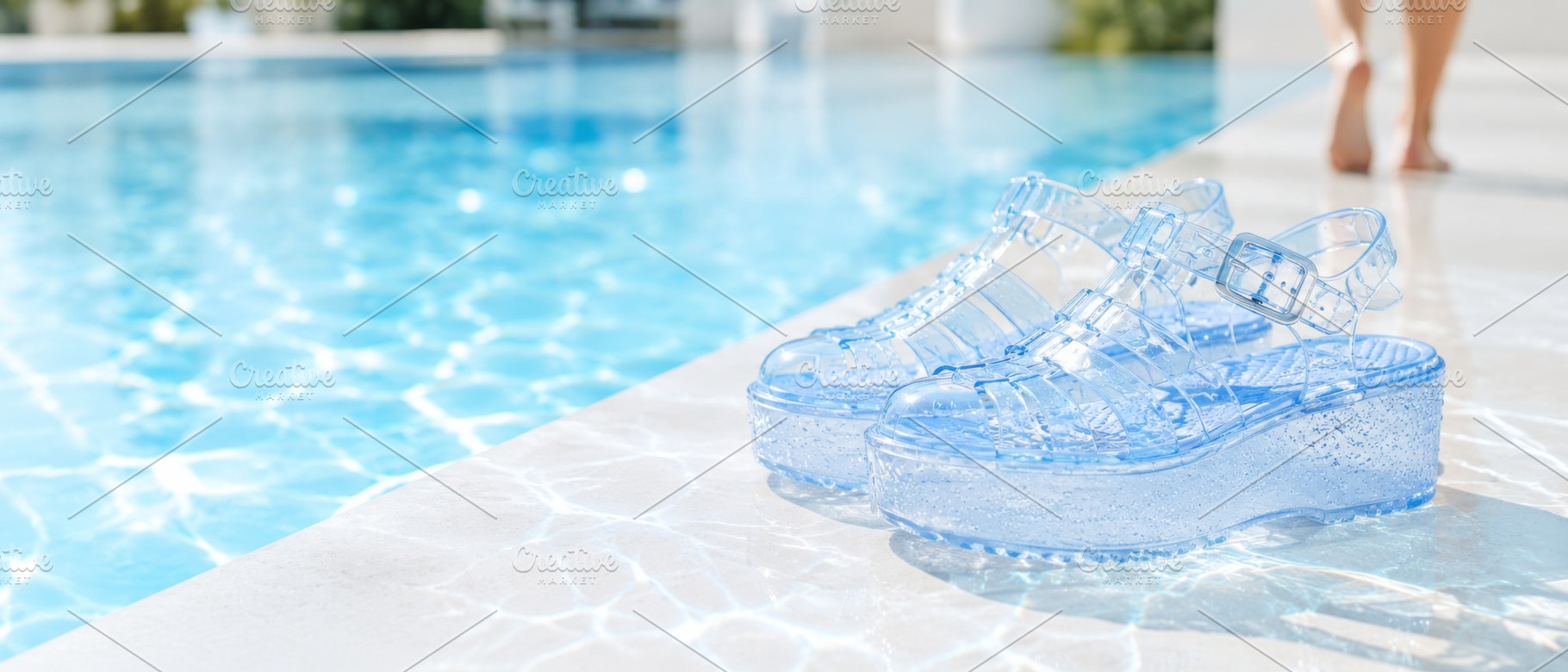Transparent jelly sandals by a pool,, a Photo by Dvoevnore photos