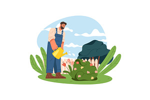 Gardener watering flowerbed in, an Illustration by Elegant Solution