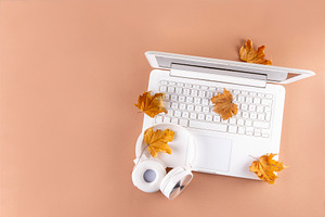 Cozy autumn background with laptop, fall leaves and plaid, a Holiday Photo by Rimma