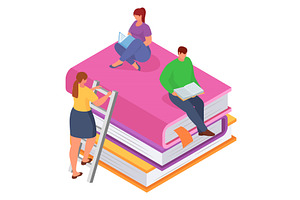 Two women and a man reading books on