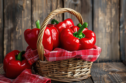 Ripe red peppers in basket on wooden table, a Food & Drink Photo by AlyaAnd