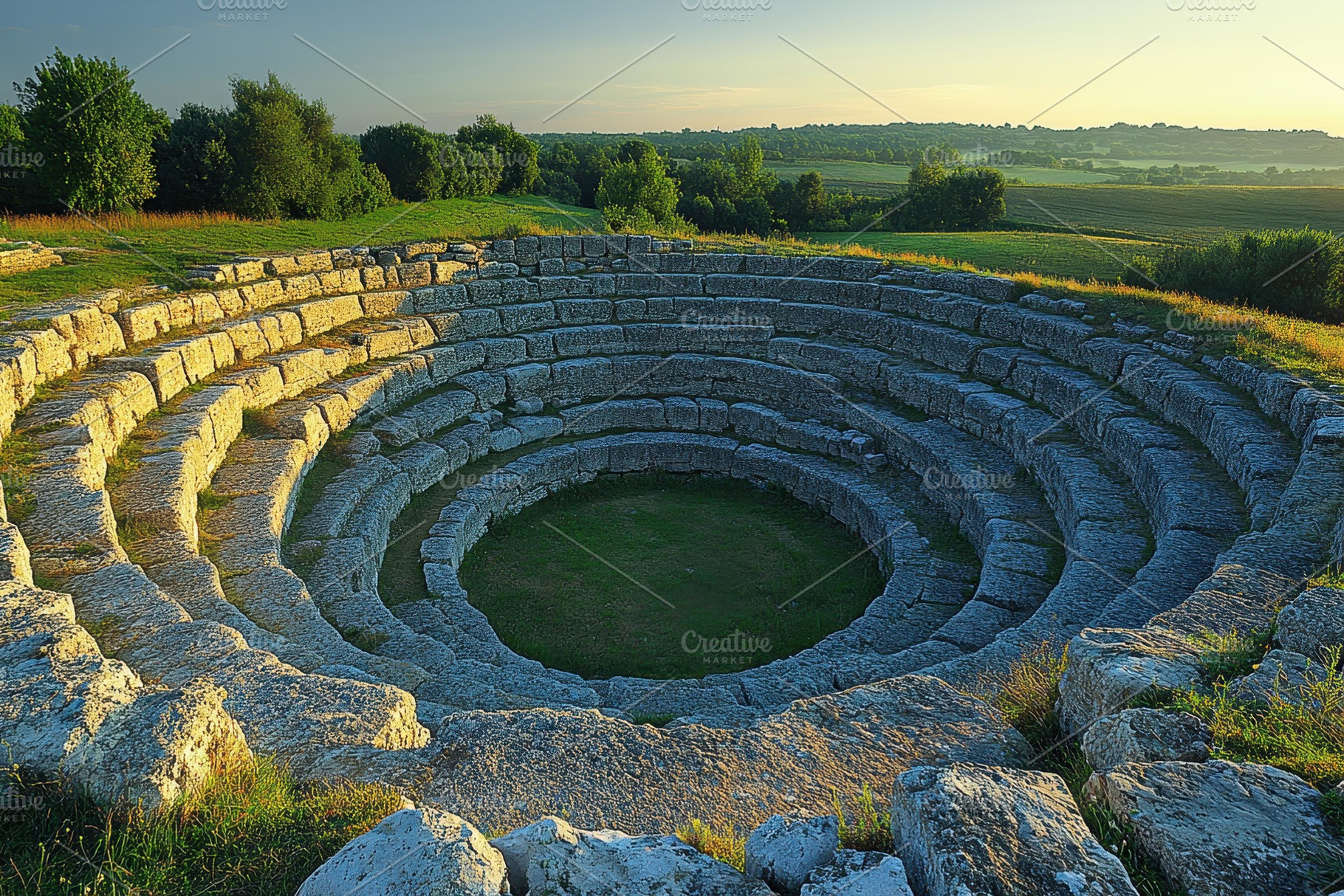 Ancient amphitheater located in a se, a Photo by Tanuart