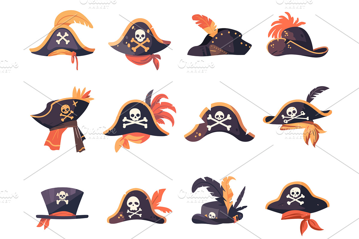 Set of cartoon pirate hats with, an Object Illustration by LadadikArt