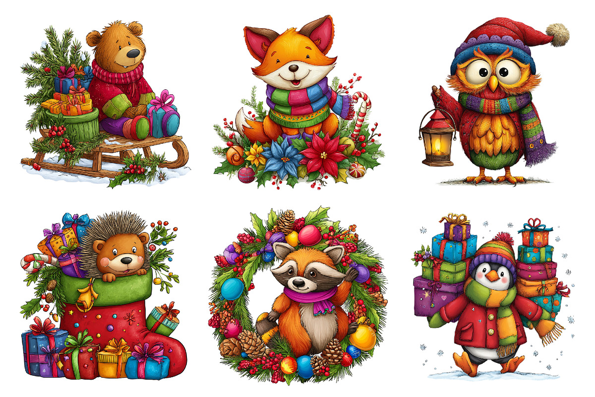 Whimsical Christmas Animals Clipart, a Seasonal Illustration by designcity5 (Photo 2 of 5)