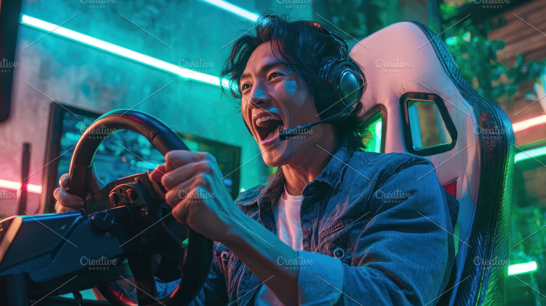 Gamer intensely plays racing game ne, a Photo by Pixeness Studio