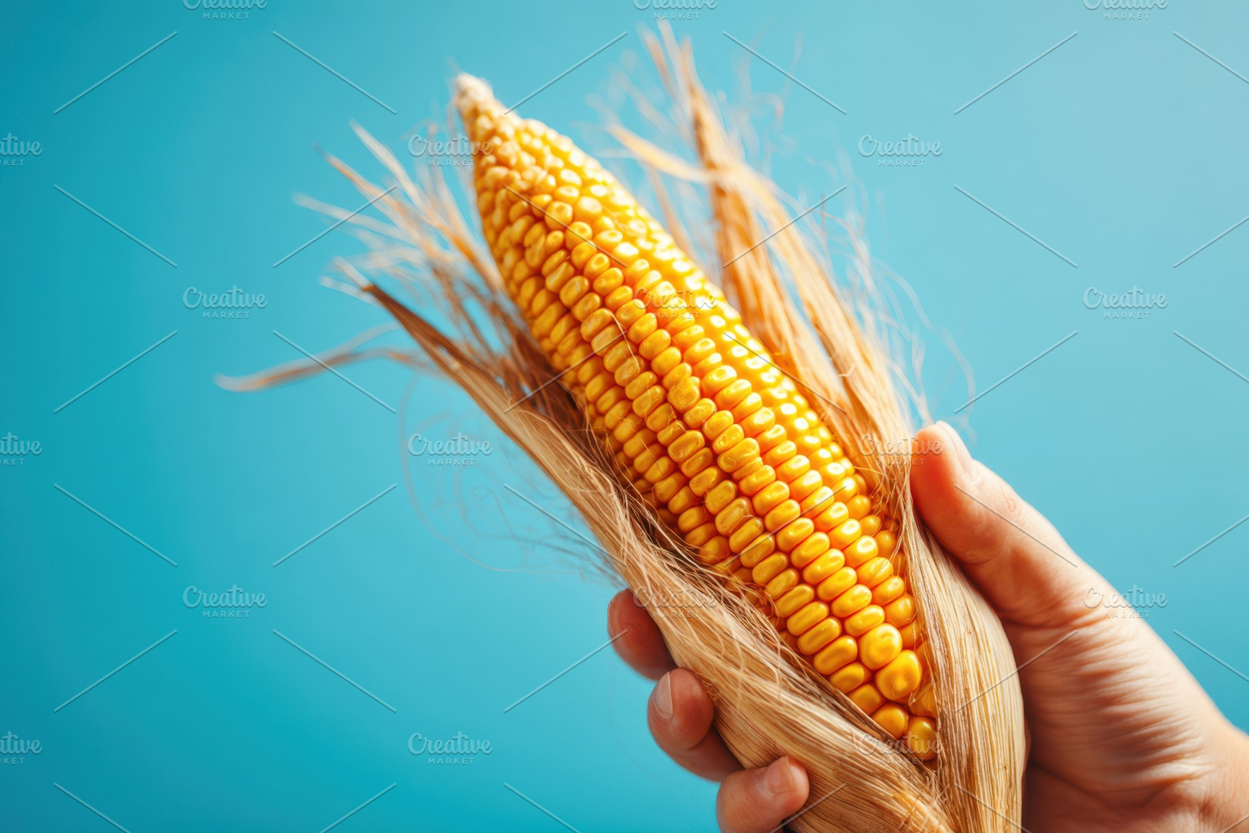 Hand holding fresh corn ear on blue background, a Food & Drink Photo by AlyaAnd