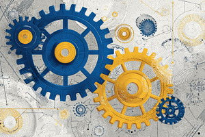 Interlocking Gears Blue Yellow Abstr, a Photo by Pixeness Studio