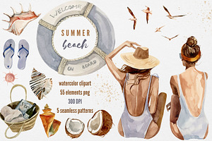 Beach summer watercolor clipart, a Seasonal Illustration by Artcard Watercolor