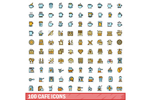 100 Cafe Icons Set, Color Line Style