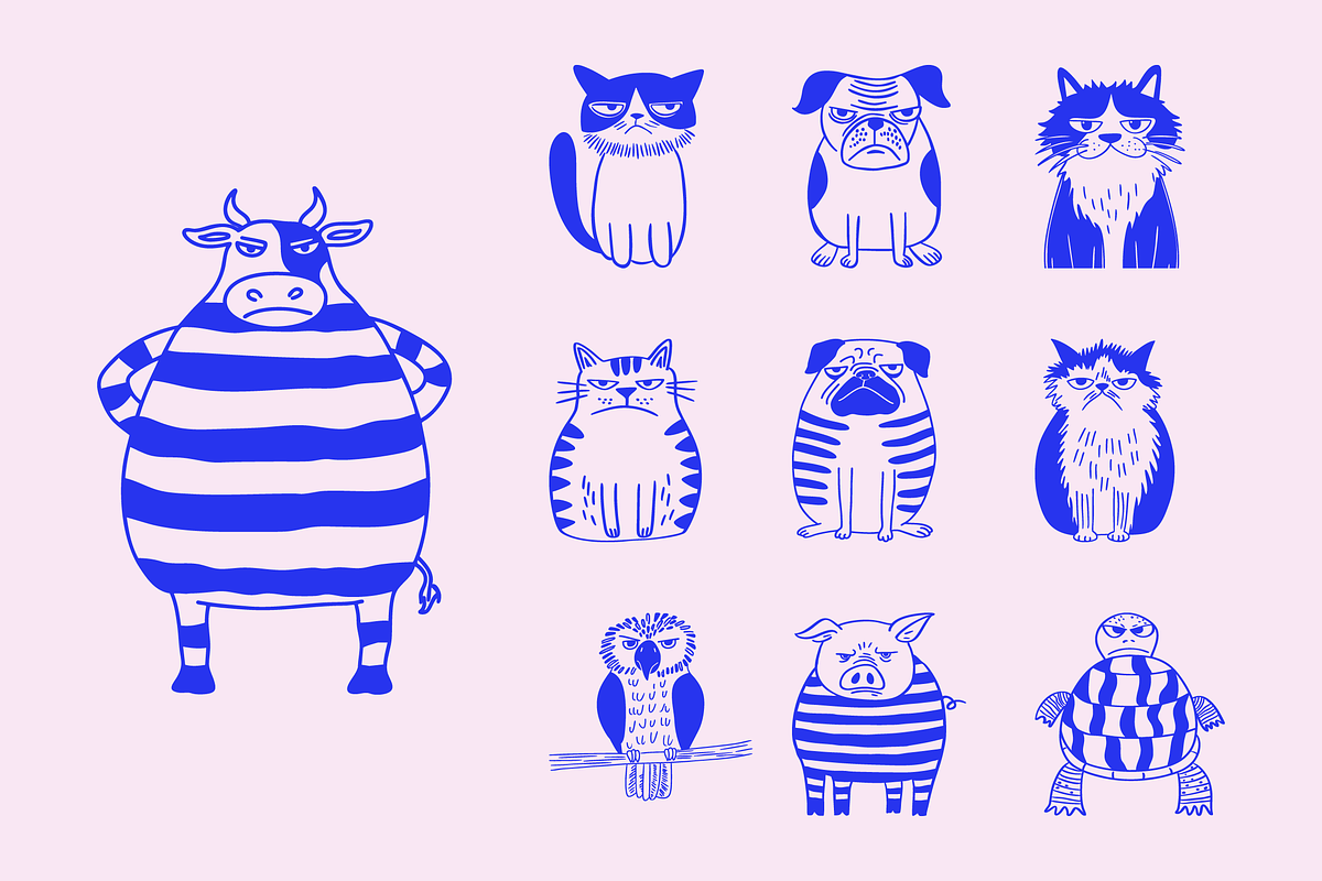 Funny Grumpy Animals Doodle Set, an Animal Illustration by Danil Polshin