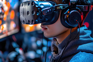 A young man virtual prototyping specialist wearing a virtual reality headset an, a Person Photo by Textures & Backgrounds