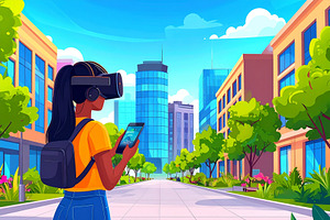 Woman at urban scene wearing AR glasses while holding a smartpho, a Technology Illustration by DanFLCreativo