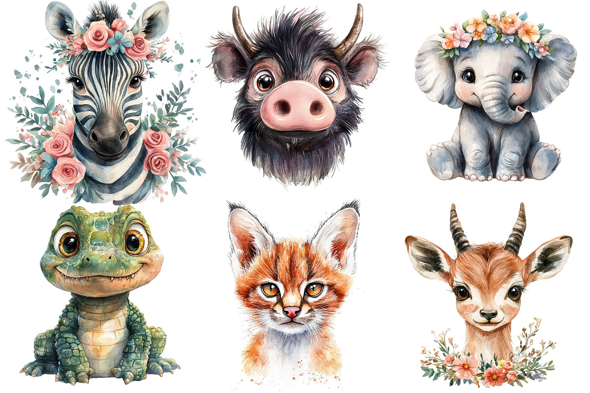 Cute Safari Animal Portraits Clipart, an Illustration by Watercolor design (Photo 3 of 4)
