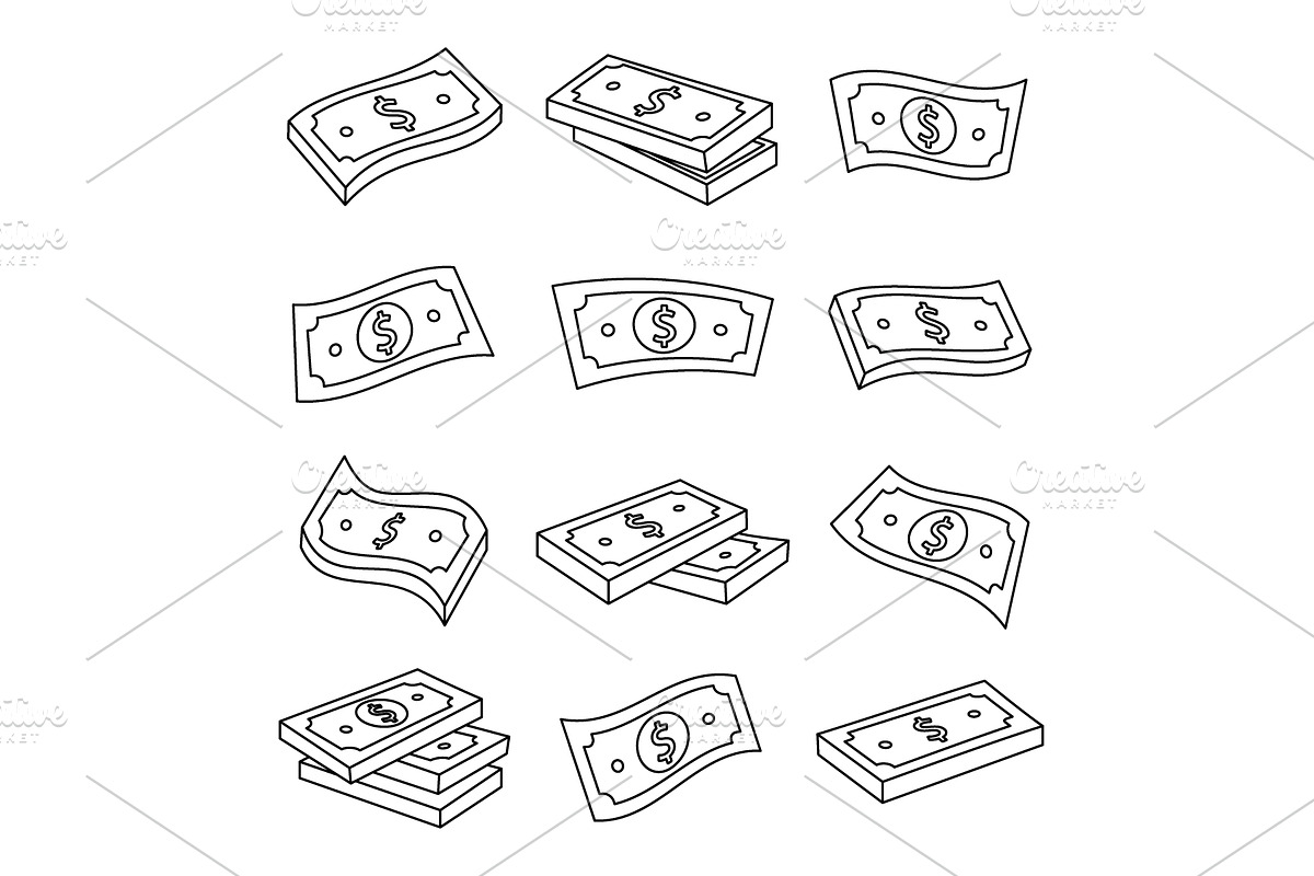 Set of outline dollar cash symbols, an Object Illustration by GraphiShop