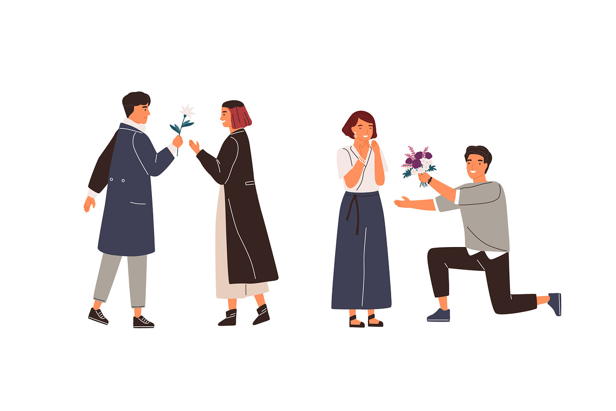 Man giving flowers to woman set, a Person Illustration by Good Studio (Photo 3 of 6)