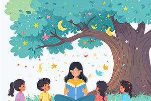 Adult reading a picture book to children on nature environment, a Person Illustration by DanFLCreativo