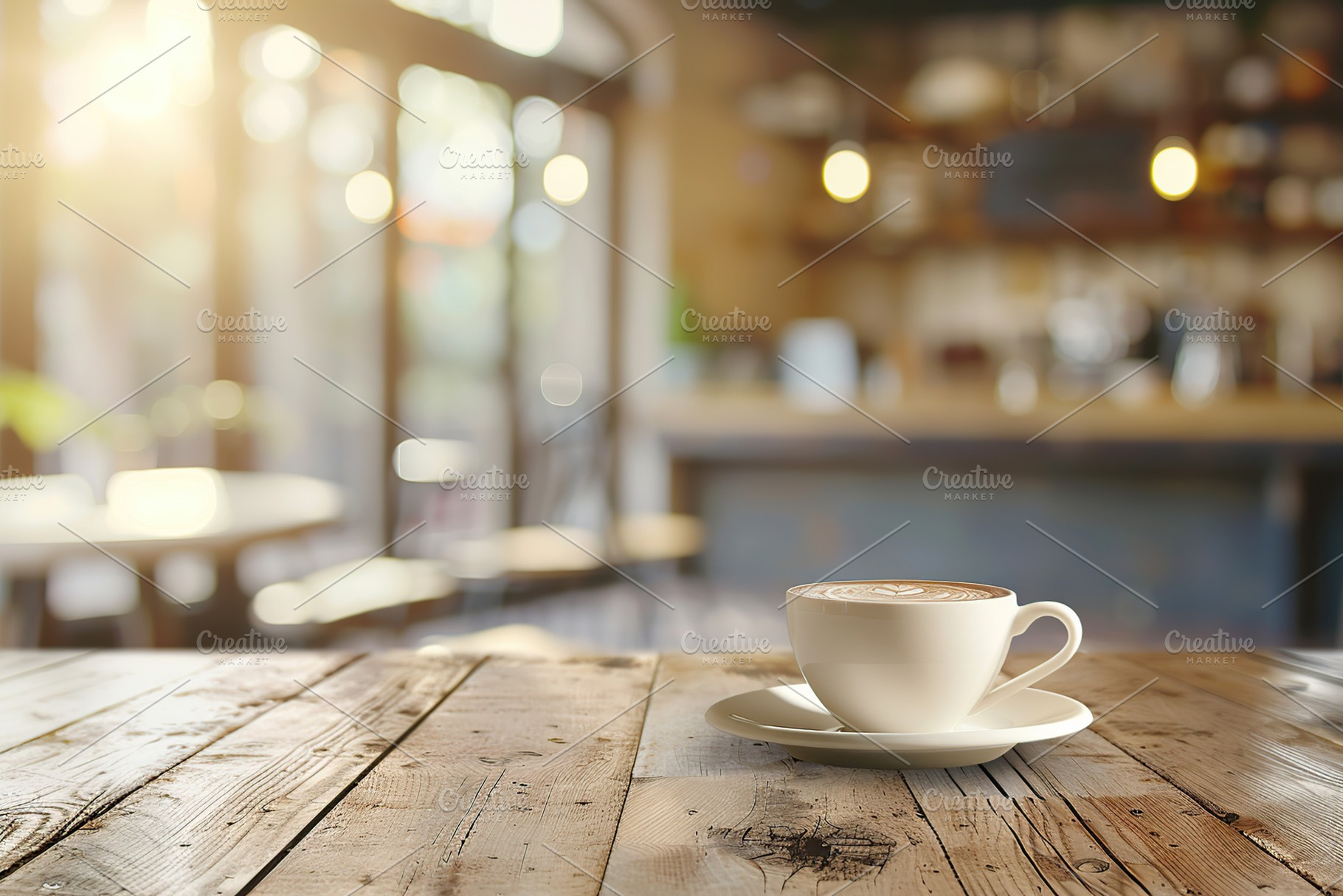 Cup of coffee on table in cafe on blurred background, sunlights and outdoors, a Food & Drink Photo by AlyaAnd