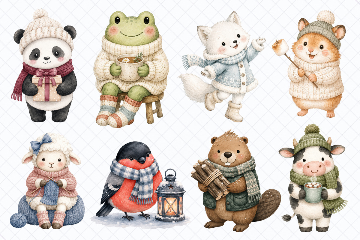 Cozy Winter Animals Clipart - 50 PNG, an Animal Illustration by Whimsy Brush Studio (Photo 3 of 10)