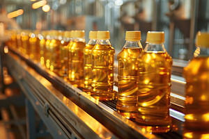 Sunflower oil in the bottles on production line, a Food & Drink Photo by AlyaAnd