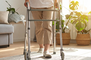 User walking with a modern walker in a living room with warm lig, a Person Photo by DanFLCreativo