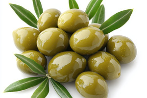 Green olives with olive leaves healt, a Food & Drink Photo by Pixeness Studio