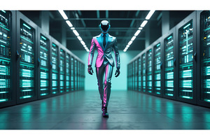Futuristic humanoid robot in a neon, an Illustration by tilialucida