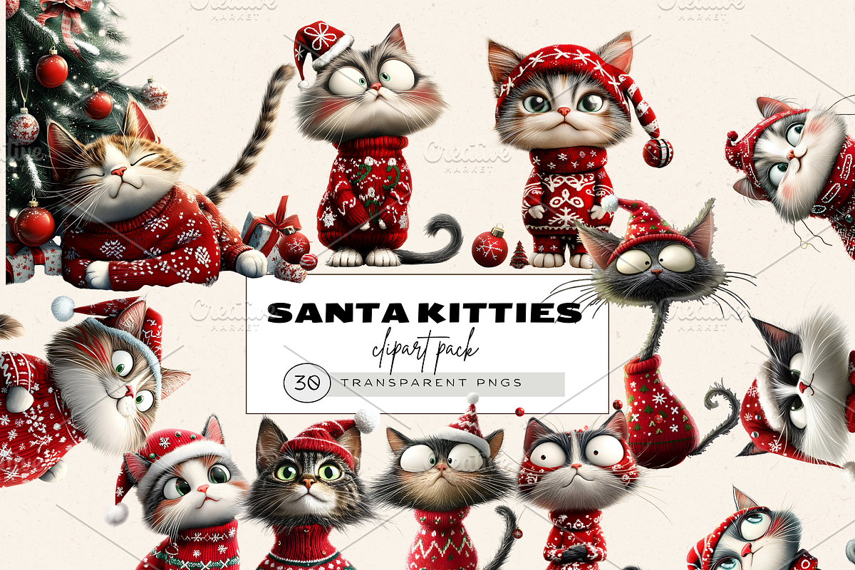 SUPER CUTE SANTA CATS CLIPART PACK, an Animal Illustration by Daring Digies (Photo 1 of 8)