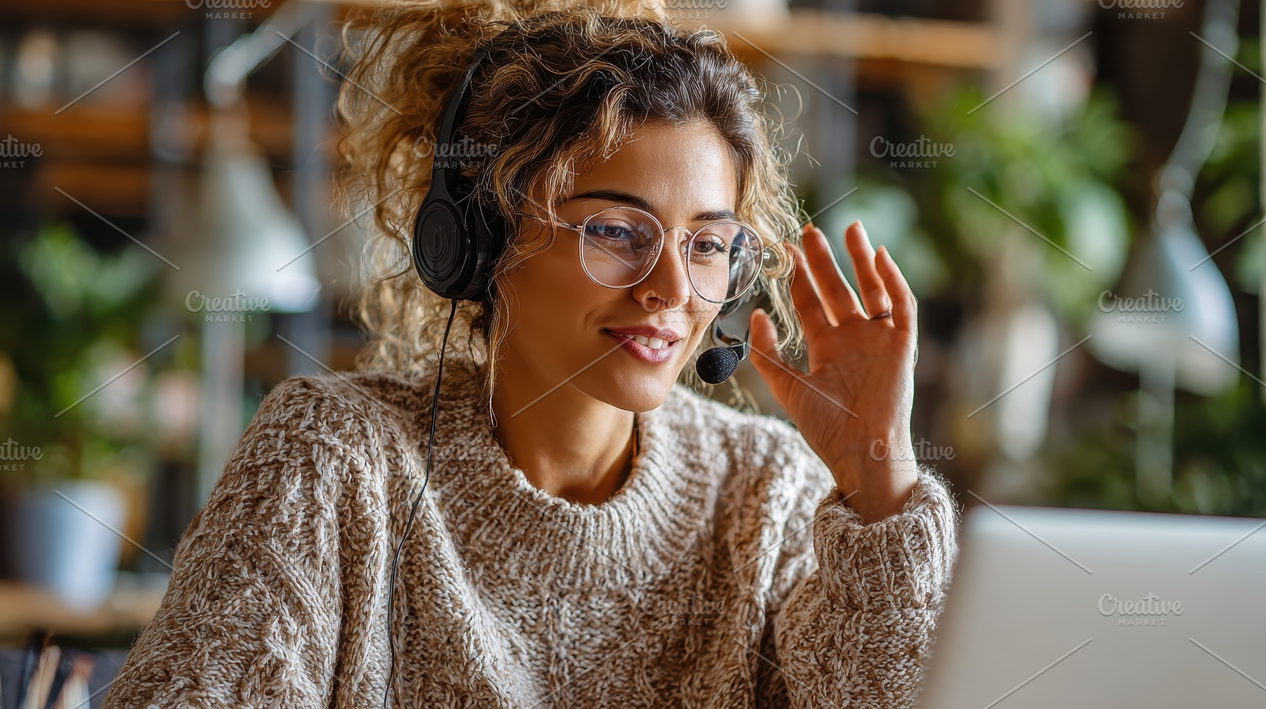 Woman with headset using laptop wavi, a Photo by Pixeness Studio