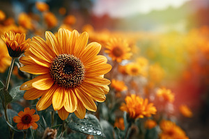 Closeup of blooming sunflower with dew in a colorful summer fiel, a Nature Photo by José Manuel Gelpi