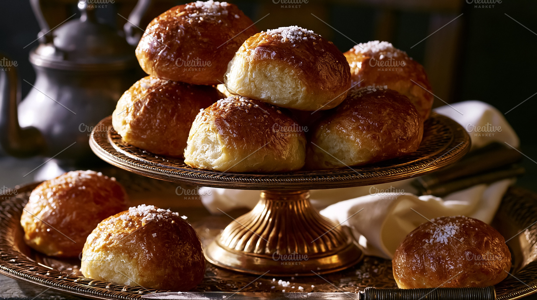 Stack of homemade sweet bread rolls, golden brown and topped with sea salt, dis, a Photo by Studio ANNA