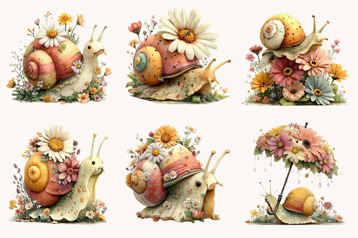 Whimsical Daisy Snail Clipart, a Seasonal Illustration by Designworld (Photo 2 of 10)