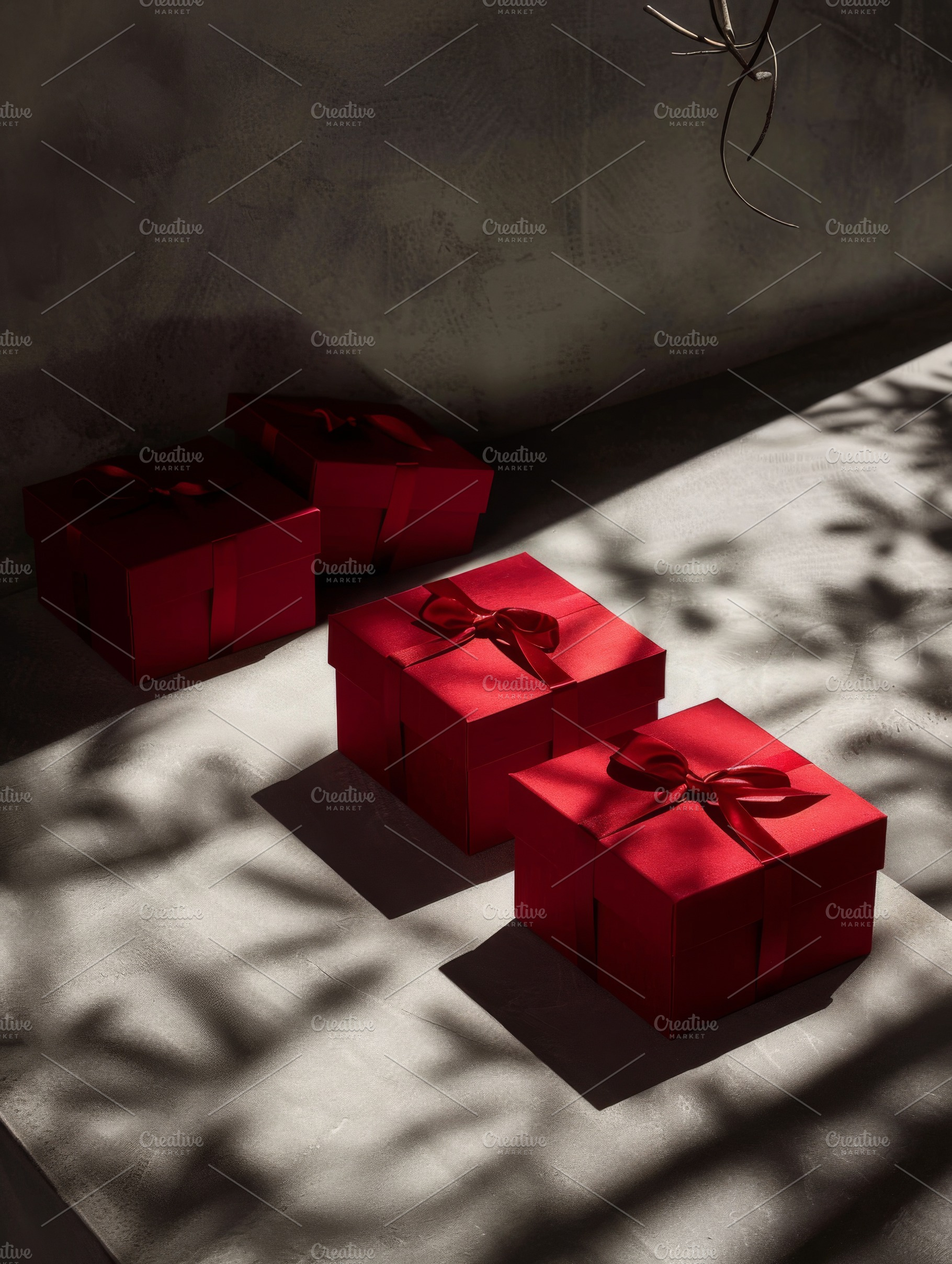 Elegant red gift boxes with ribbons, a Holiday Photo by Handmadefont