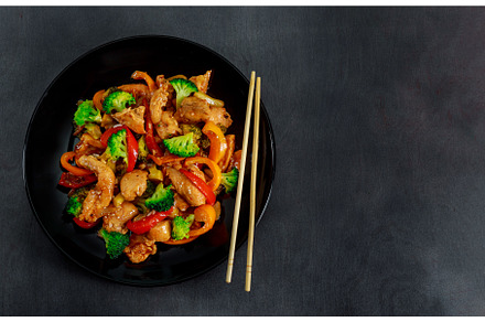 Chicken teriyaki with garnish of, a Food & Drink Photo by Ungvar Studio