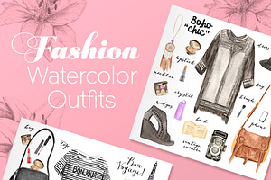100 watercolor fashion elements