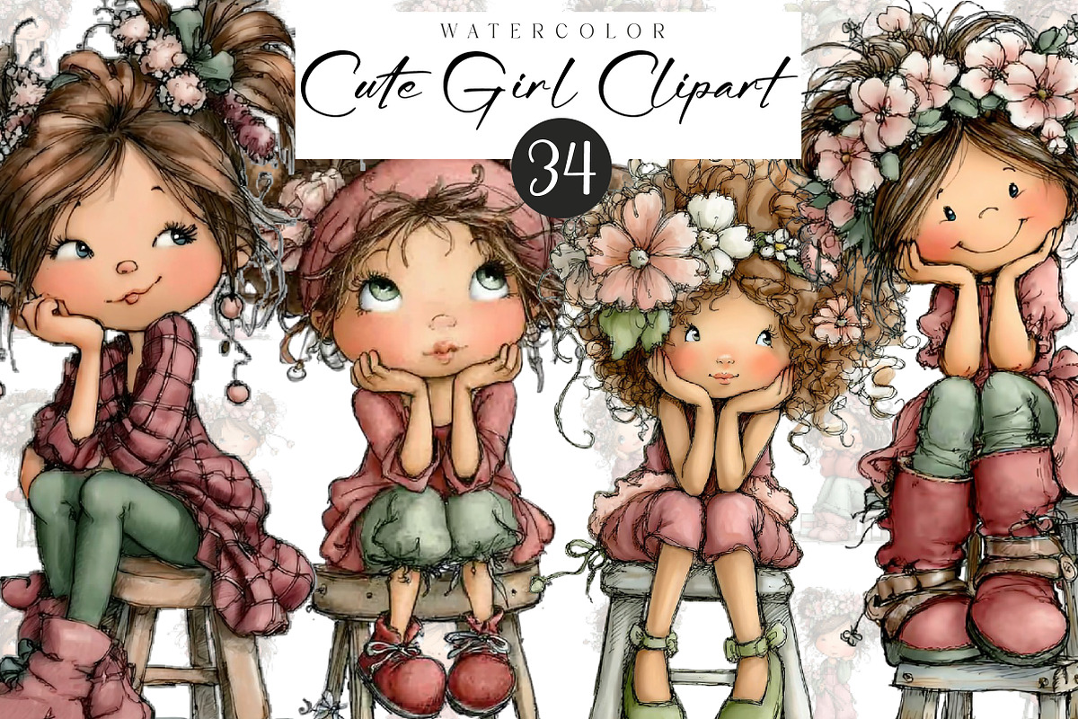 Cute Girl Sitting on Stool Clipart, an Illustration by CreationArt (Photo 1 of 5)