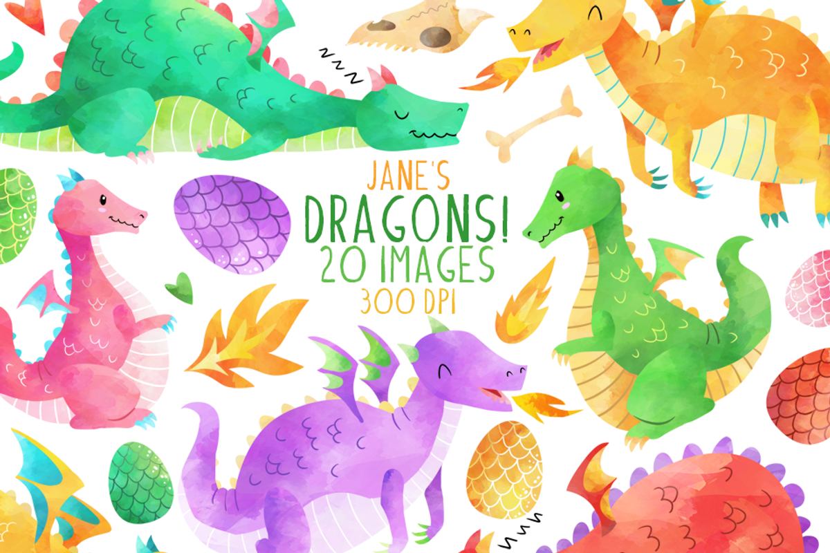 Watercolor Dragons Clipart, an Illustration by DigitalArtsi (Photo 1 of 2)
