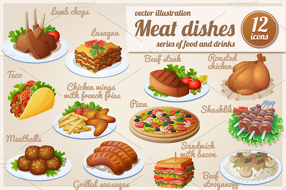 Set of food icons. Meat dishes. preview 2