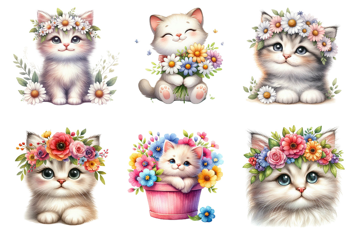Watercolor Spring Cute Cat Clipart, an Illustration by Dream Creation (Photo 4 of 6)