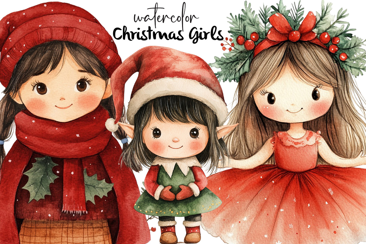 Christmas Girls Watercolor Clipart, an Illustration by Dream Creation (Photo 1 of 3)