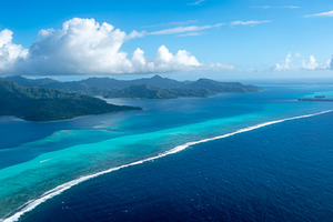 Aerial view of Tahaa island, French Polynesia, with turquoise la, a Photo by GoodGoods